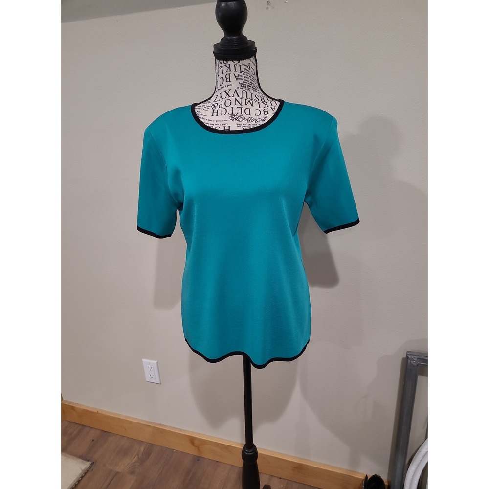 Exclusively Misook Luxurious Knit Teal blue black‎ trim top Women SZ S career